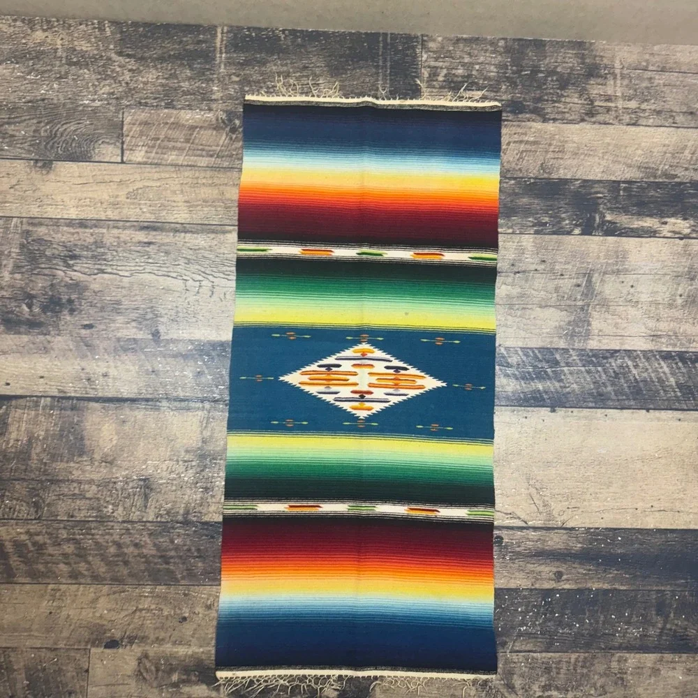 Antique Southwestern Serape Blanket Rug‎ Table Runner Fringe Teal Diamond